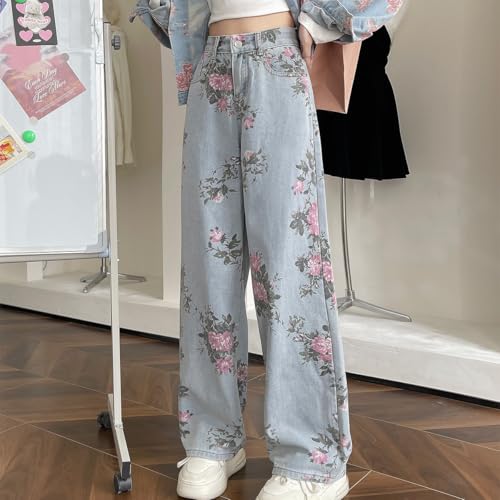 Casual Y2K Straight Leg High Waisted Jeans for Women Fashion Simplicity Cute Floral Printed Denim Pants3