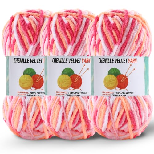 Image of 3 * 100g /3.5oz Fluffy Chenille Yarn for Crocheting, Chunky Velvet Yarn for Crochet Amigurumi, Used for Making Baby Yarns Blanket, Clothes, Pattern Knitting Creations (3- Colorful-G)