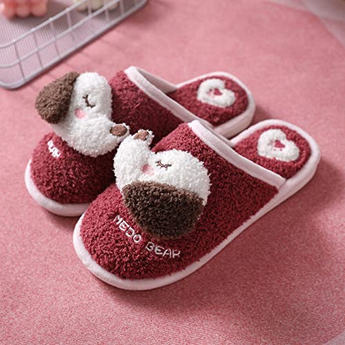 LucklyingBao Hausschuhe Damen Plüsch Cartoon Warm Plüsch Niedlicher Hund Hausschuhe-Weiche Sohle Liebhaber Winter Indoor Schuhe-Frau Männer Home Boden Slipper Anti-Rutsch-Schuhe,Dunkelrot,36,37 EU Cover