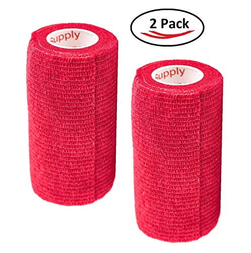 Image of Vet Wrap Tape (Red) (2 Pack) (4 Inch x 15 feet) Self Adhesive Adherent Adhering Cohesive Flex Self Stick Bandage Grip Roll Dog Cat Pet Horse