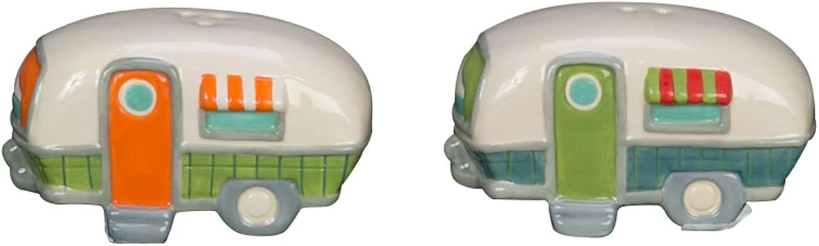 Beachcombers Ceramic Salt and Pepper Camper Design Shaker Matching Set 2" x 6.25" Coastal Beach Mountain Summer House Camping RV Kitchen Decor Decoration Cream