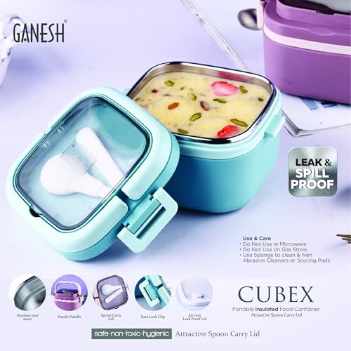 Image of Ganesh 1 Compartment Cubex Insulated Food Container with Attractive Spoon - Airtight Leak-Proof Lunch Box for Office, School, Picnic 380ml - Peach