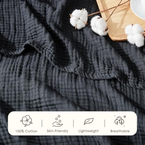 Image of EMME Muslin Blankets for Adults Throw Blanket for Couch Breathable Gauze Soft Lightweight Airy Black Super King