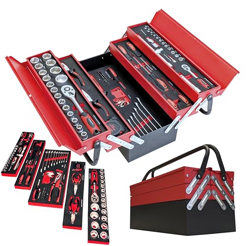 Widmann Hand Tool Set in Steel Cantilever Toolbox Tool Kit in Metal Case (86 piece), Red
