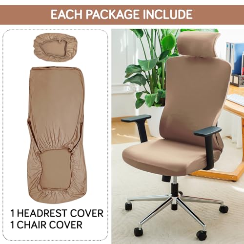 Image of HOKIPO 'SereneSolids' 140 GSM Office Chair Cover with Headrest (High-Back) - Stretchable Fabric - Washable, Anti-Slip Fit for Ergonomic Mesh Office Chairs, Dark Camel (AR-5369-DCML)