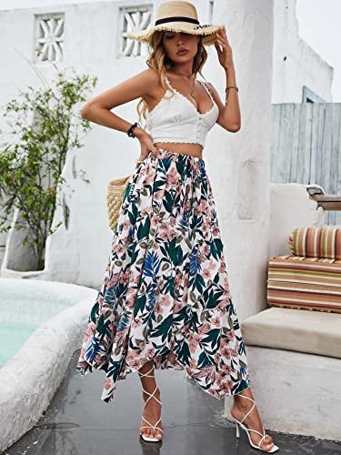 Makemechic Women's Boho Floral High Waist Ruffle Trim Asymmetrical A Line Flared Long Skirt Multicolor M #TOP5