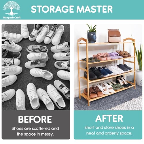 Image of Naayaab Craft Bamboo Shoe Racks 4 Tier Shoes Storage Shelf, Multi-Functional Shoe Storage Organiser Rack, Shoe Tower Shelf for Living Room, Entryway, Hallway - (89 x 23 x 69cm) - Natural