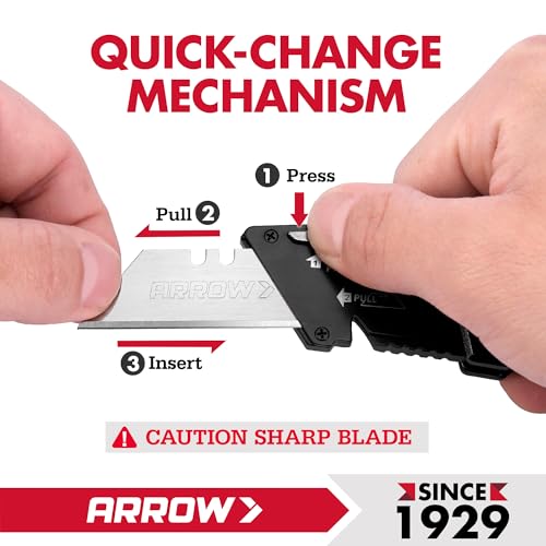 Image of ARROW Folding Utility Knife, Quick-Change Box Cutter with Belt Clip, Liner Lock, Heavy Duty Aluminum Razor Knife with Comfortable Handle, 10 Extra SK2 Blades Included (Pack of 2)