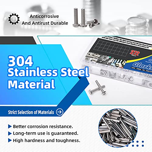 Glarks 152Pcs Vis à tête de pan Phillips 1/4" & Vis extérieures en hexagone avec écrous et rondelles à plat Kit d'assortiment de rondelles, 304 Ensemble d'assortiments de vis de machine en acier inoxydable