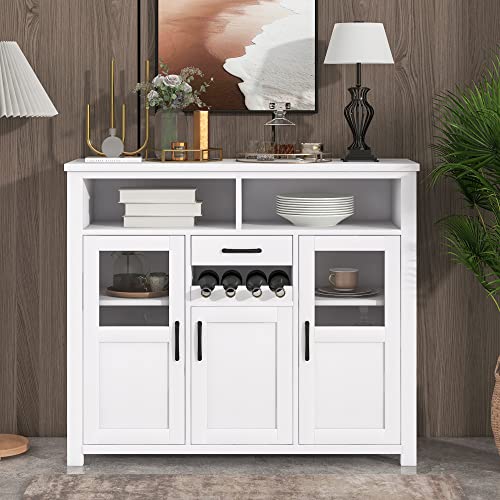 Quarte Multipurpose Sideboard Kitchen Buffet Cabinet with Wine Rack,Drawer and Adjustable Shelves,for Kitchen,Living Room,Dining Room,Office and Entryway (Antique White@)