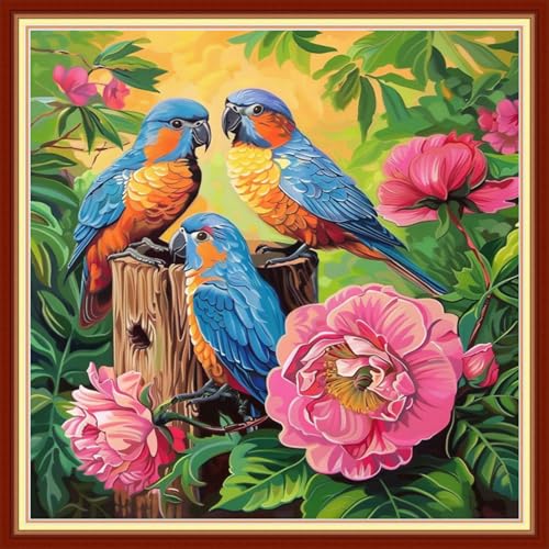 Image of Joyhoor Stamped Cross Stitch Kits for Beginners, Needlepoint Kits for Adults, 11CT Counted Embroidery Kits-Birds and Flowers 18x18 inchs