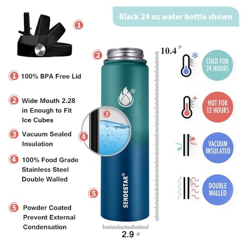 Image of SENDESTAR Insulated Water Bottle 24 OZ, Wide Mouth 24 oz Water Bottle with Straw Lid, Spout Lid, Double Wall Vacuum Stainless Steel Leak Proof, Keeps Liquids Hot or Cold (Green & Blue)