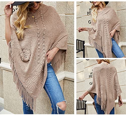 Korean Oversized Ponchos V Neck Pearl Beading Shawl Cloak Women Loose Tassel Sweater Coat2