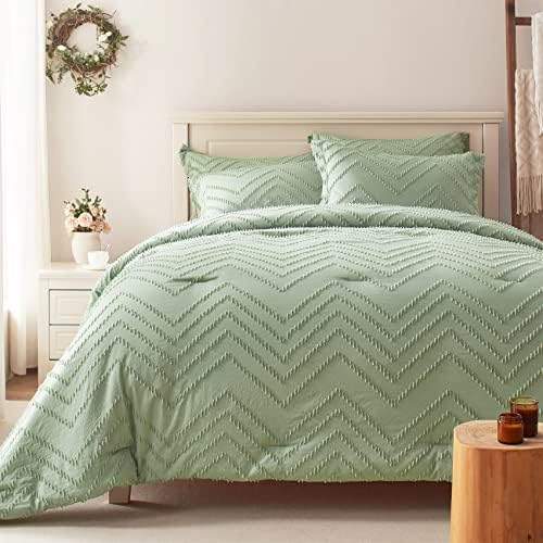 Anluoer Queen Comforter Set -Tufted Down Alternative Comforters with 2 Pillow Shams, Soft Boho Queen Size Bedding Comforter Sets Lightweight All Season (Sage Green,88x88 inches, 3 Pieces)