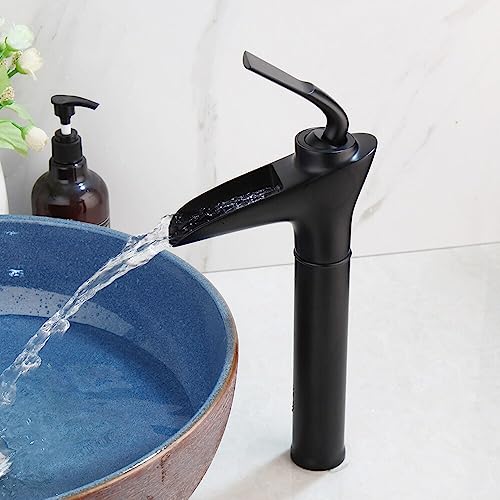 Robinet de lavabo haut noir mat avec écoulement cascade anti-trace