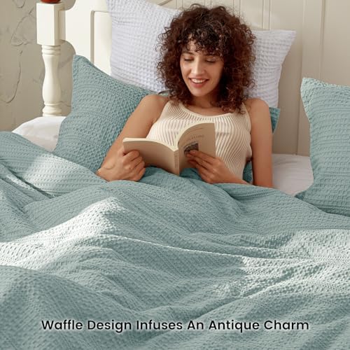 Image of PHF Soft Waffle Comforter Set Twin Size- Comfy Breathable Waffle Weave Comforter with 1 Pillow Shams, 2 Pieces Less Snagging Lightweight Textured Bedding Set for All Season, Dusty Blue