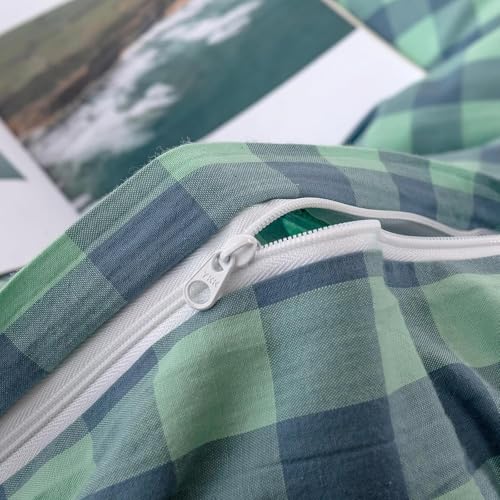 Image of mixinni Green Gingham Grid Duvet Cover Queen, 100% Washed Cotton Modern Geometric Bedding Set with 2 Pillowcases, Farmhouse Style Blue Plaid Comforter Cover Set for Men & Women, Soft & Lightweight