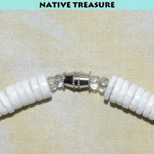 Native Treasure 18 Inch Mens/Womens White Clam Heishe Puka Shell Necklace Blue Cat-Eye Black Coco Surfer Necklace Choker- 8Mm (5/16") #TOP2