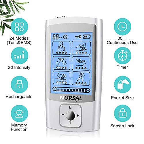 Nursal 24 Modes Tens Unit Ems Muscle Stimulator Machine For Pain Relief Therapy With 16Pcs Electrode Pads Electric Tens Machine, Abs Pads Holder, Usb Wall Charger And Dust-Proof Storage Bag #TOP2