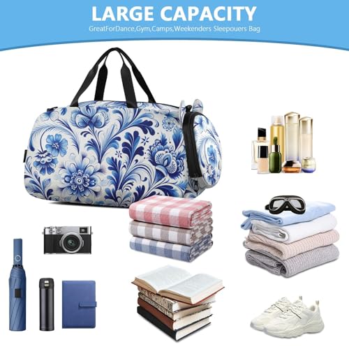 Blue White Floral Tile Duffle Bag for Girl, Sports Duffle Gym Bags with Shoe Compartment, Personalized Overnight Bag Travel Weekender for Kids4