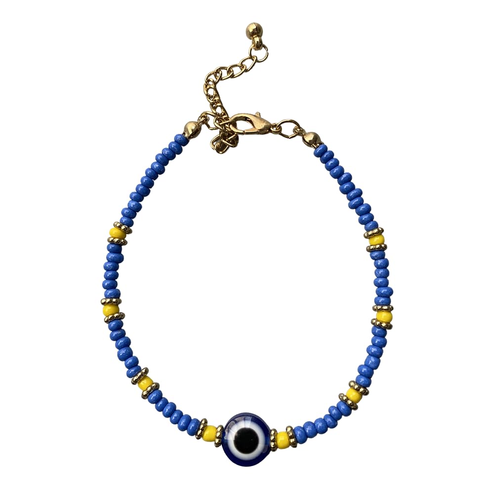 VIE Evil Eye Bracelet, Yellow Beads (Mid Blue)