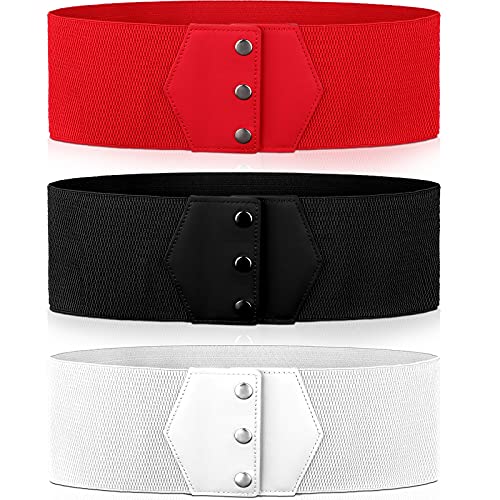 Stretchy Belt for Women 3 Pieces Elastic Snap Belt White Red Black Women Belts for Dresses Vintage Cinch Belt Elastic Waist Belt Women's Snap-button Waistband for Daily Dress Coat Costume Supplies
