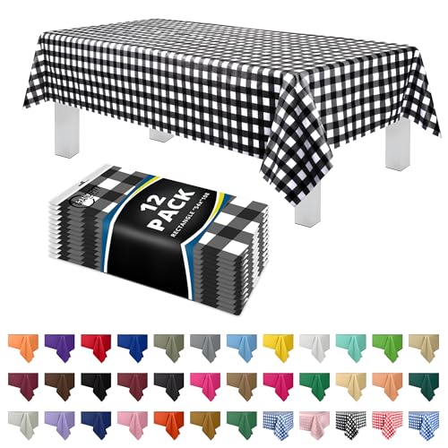Image of Plastic Table Cloth Disposable 12 Pack 54 inch x 108 inch Rectangle | Black Gingham Plastic table covers, durable disposable tablecloths, fade and tear-resistent table cover for party, event