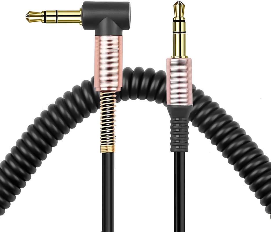 Image of skysia 3.5mm AUX Cable - Spiral Spring Male-to-Male Audio Cord with 90 Right Angle Jack, Stretchable & Tangle-Free Steel Spring Design for Car, Headphones & Speakers (Black, Pack of 1)