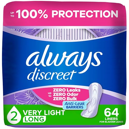 Always Discreet Incontinence Panty Liners for Women with Bladder Leaks Size 2 Very Light Absorbency Long Length Up to 100% Bladder Leak Protection 64 CT