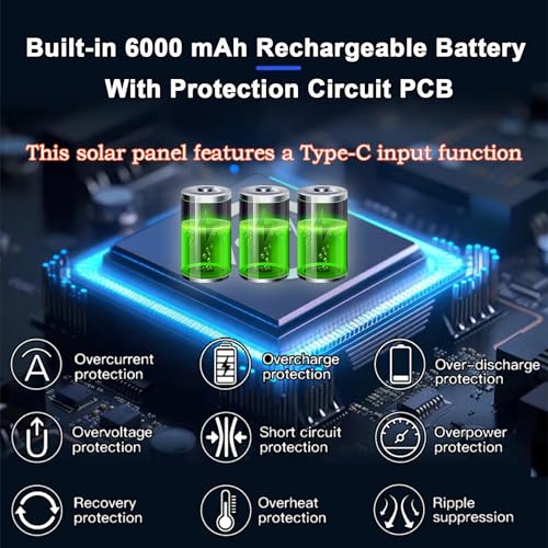 3 W/5 V Solarpanel mit integriertem 6000-mAh-Akku, DC/USB-C/Micro-USB-Anschlüsse, Aufladen von mehreren Geräten, kompatibel mit Ring, Eufy, Reolink, Blinken und anderen Kameras sowie 5-V-Geräten mit