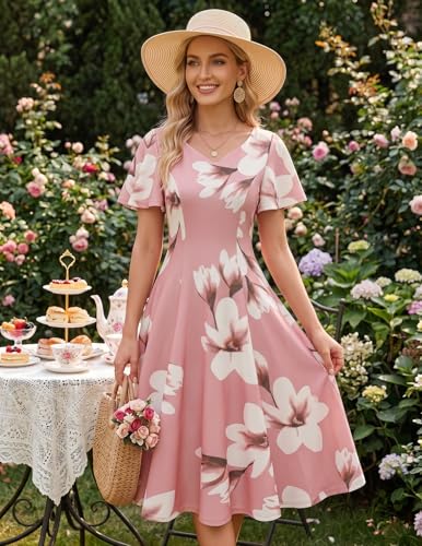Image of HomRain Wedding Guest Dresses for Women Vintage Short Sleeves Casual Fit and Flare Cocktail Formal Dress for Tea Party