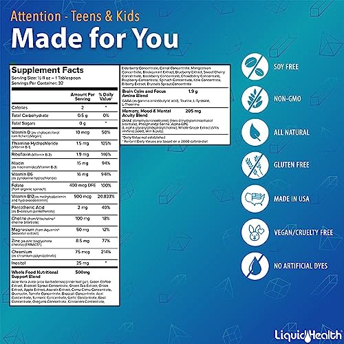 LIQUIDHEALTH Attention Liquid Multivitamin for Kids & Teens - Improves Memory Retention, Concentration, Focus, Mood, Relaxation & Calming - Made in The USA, Great Taste, Vegan, Sugar-Free (16 oz) - Image 6