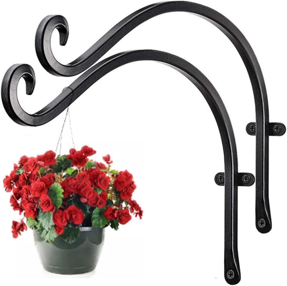 12 Inch Wall Hanging Basket Bracket Hooks (2pcs), Outdoor Support for Flower Baskets & Bird Feeders, Black