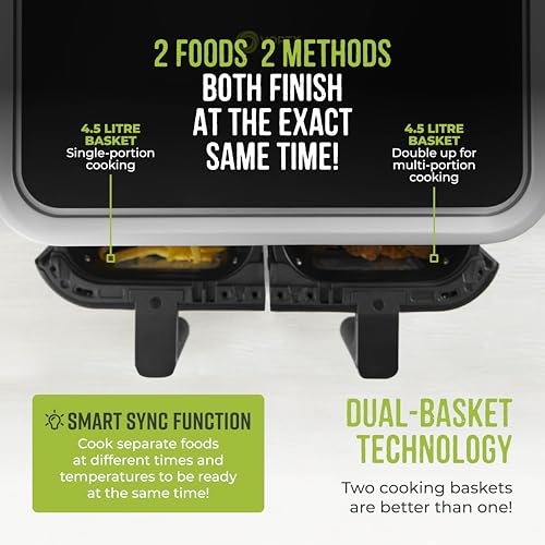 L Dual Basket Air Fryer with Digital Control Panel, 8 Cooking Pre-sets, Sync Function & Match Cook Function, Shake Reminder, 2400W, Black - Image 4