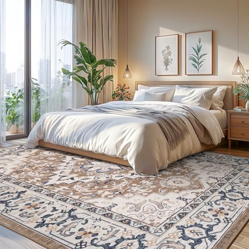 Lofus 8x10 Area Rugs for Living Room, Washable Area Rug, Rugs for Bedroom, Kitchen, Vintage Boho Carpet, Soft Non-Slip, Low Pile Large Area Rug for Office Dining Room, Floral Brown