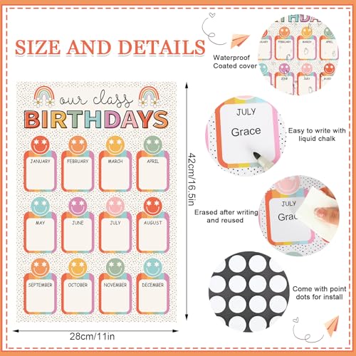 Image of Whaline Happy Birthday Chart Poster for Classroom Boho Retro Smile Face Rainbow Birthday Chart Calendars Colorful Birthdays Poster Decoration for Bulletin Board Chalkboard Wall Decor, 11 x 16.5 Inch