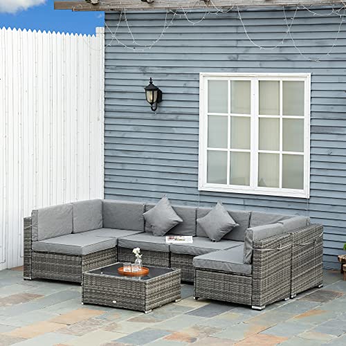 Outsunny 7-Piece Patio Furniture Sets Outdoor Wicker Conversation Sets All Weather Pe Rattan Sectional Sofa Set With Cushions & Tempered Glass Desktop, Grey #TOP1