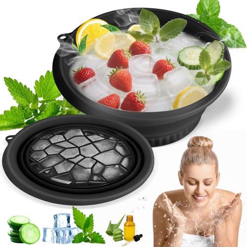 Amoner U Silicone Collapsible Face Bowl with Built-In Ice Tray, Modern Style, Black, Round, Dishwasher Safe, For Face Bath, Soaking, Washing