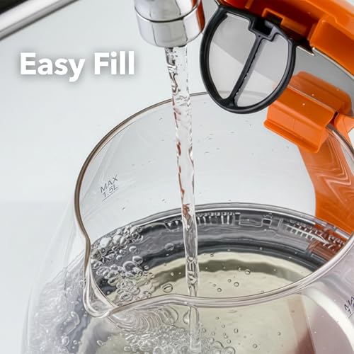 Image of OVENTE Electric Kettle, 1.5L Borosilicate Glass Countertop Water Heater and Boiler for Coffee or Tea, BPA-Free, Auto Shut-Off, Boil-Dry Protection, Removable and Washable Spout Filter, Orange KG83O