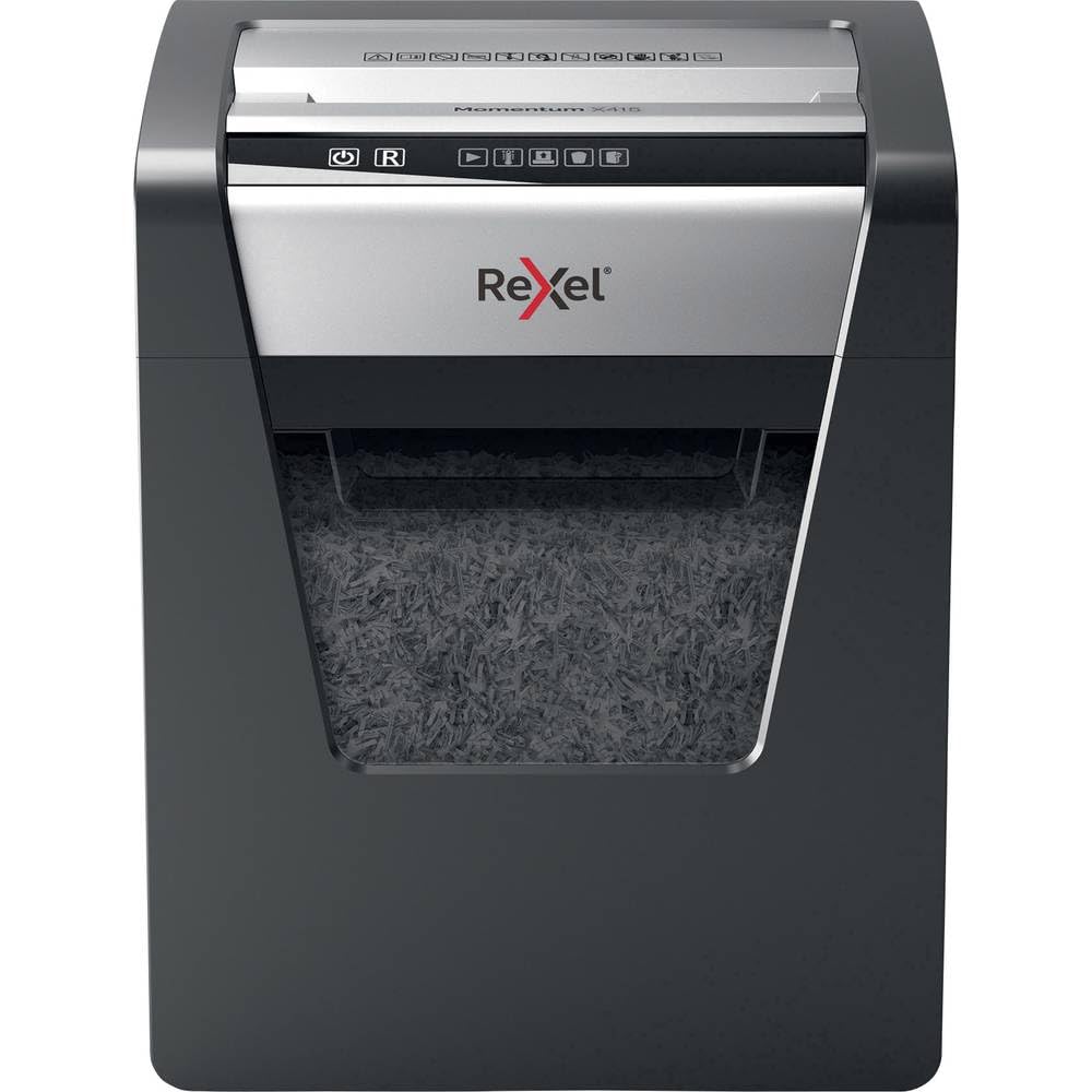 Rexel 2104576EU - Destructora de Papel para Oficina Pequeña Momentum X415, Corte en Confeti, Destruye hasta 15 Hojas a la Vez, Papelera de 23 L, Destrucción de Alta Seguridad P4, Color Negro