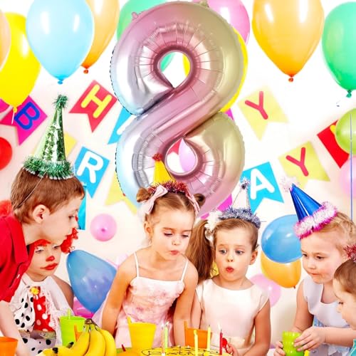 Image of Rozi Decoration Shiny Rainbow Number 8 Foil Balloon 32 Inch - Large Gradient Metallic Birthday Balloon for Kids & Adults | Easy to Inflate, Durable & Reusable Party Decoration Pack of 1 Pcs