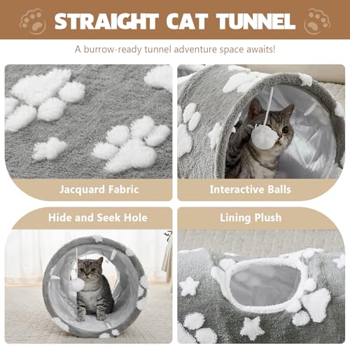 Image of Straight Cat Tunnel for Indoor Cats 47 inchx12 inch, Grey Paw