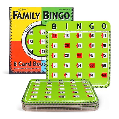 Regal Bingo Bulk Bingo Cards with Sliding Windows - Reusable Large Print Bingo Game Cards for Adults Large Group - 8 Pack Green