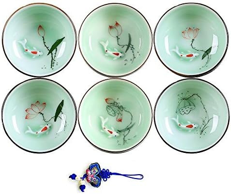 Hand Painted Kungfu Teacup,Chinese Long-quan Celadon Teacup,Fishes and Lotus Pattern,set of 6