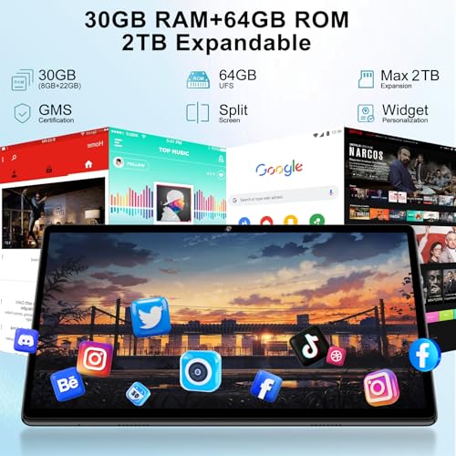 Image of 2026 Tablet 10 inch Android 15 Tablets with Keyboard, 30GB RAM 64GB ROM 2.0GHz Octa-Core, Dual Camera, 2TB Expand, Widevine L1, 5G WiFi, BT 5.0, 2 in 1 Tableta PC (Black)