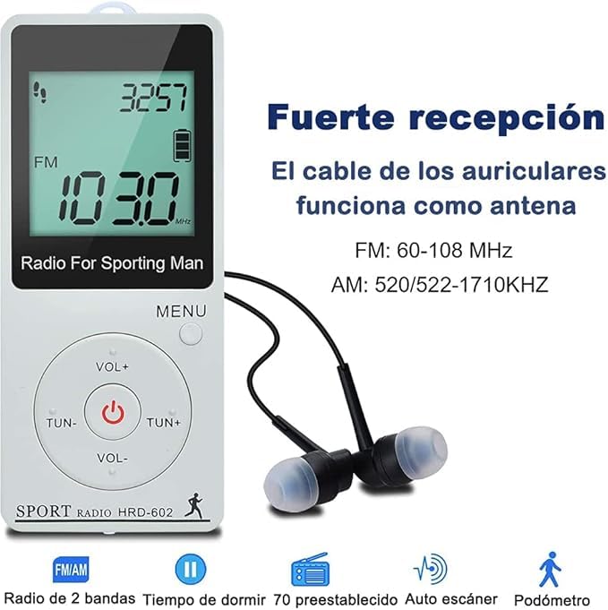 Mini Radio AM/FM Avec Podomètre - Rechargeable USB - Idéal Course à Pied/Randonnée - Casque Inclus