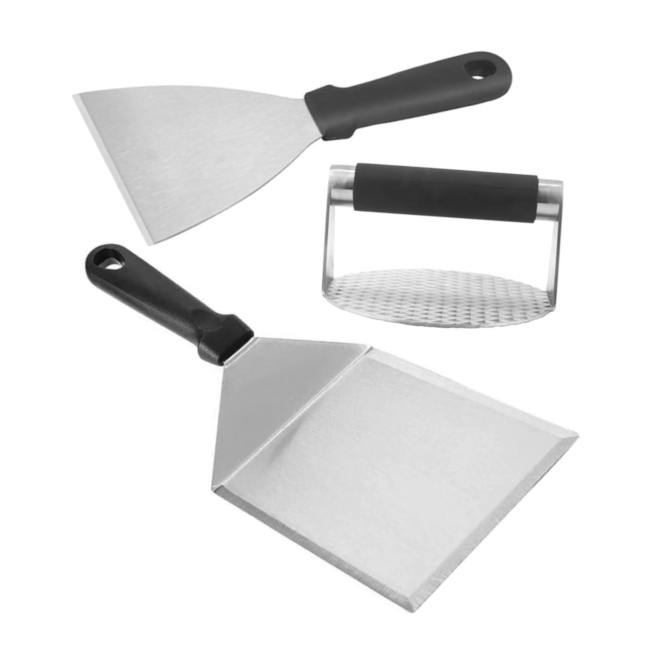 Set Utensili Barbecue 3 Pezzi in Acciaio Inossidabile | Impugnatura Pp, Pressa per Bistecca e Spatola, Uso Cucina e Burger Fai da Te