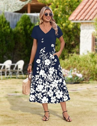 Image of Zeagoo Women Summer Floral Dress Short Sleeve Beach Dress with Pockets Casual V-Neck Split Long T-Shirt Dress Travel Vacation