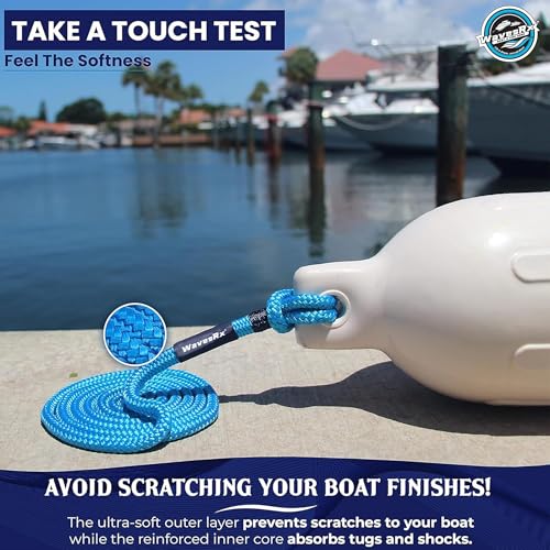 Image of WavesRx Premium Fender Line 3 /8'' x 6' (4 Pack) | Double Braided Nylon Boat Dock Lines and Ropes for Docking Buoys & Fenders | Marine Dock Ropes for Boats, Pontoons | Boat Ropes for Docking with Loop