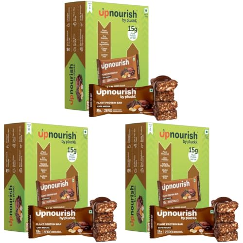 Image of Upnourish by Pluckk Plant Protein Bar - Pack of 18 (50g Each) | 15g Protien , 2g Fiber | No Added Sugar & Preservatives | Protein Bar without sugar | Lactose & Gluten Free | Gut Friendly | Cafe Mocha Flavoured - 300g